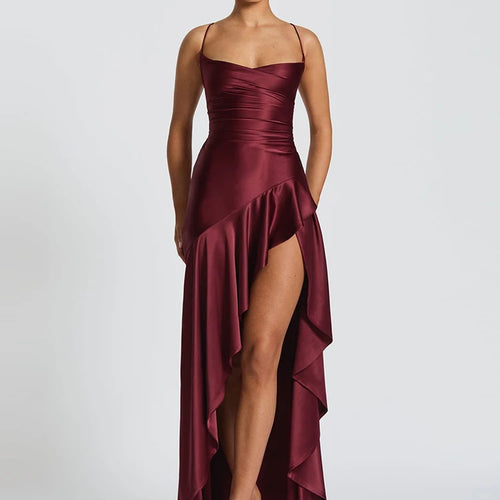 Load image into Gallery viewer, Ruffles Spaghetti Strap Women Maxi Dress Sexy Backless Bandage High Split A-line Long Dresses Elegant Evening Partywear
