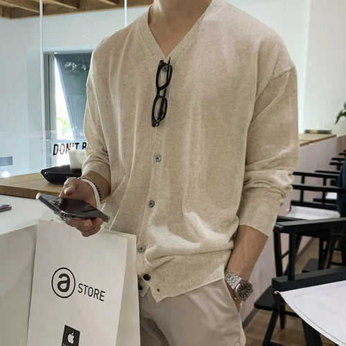 Load image into Gallery viewer, Niche Style Men&#39;s Thin Knitted T-shirts V-neck Long Sleeve Male Loose Tees Solid Color Casual Clothing  Summer 6243
