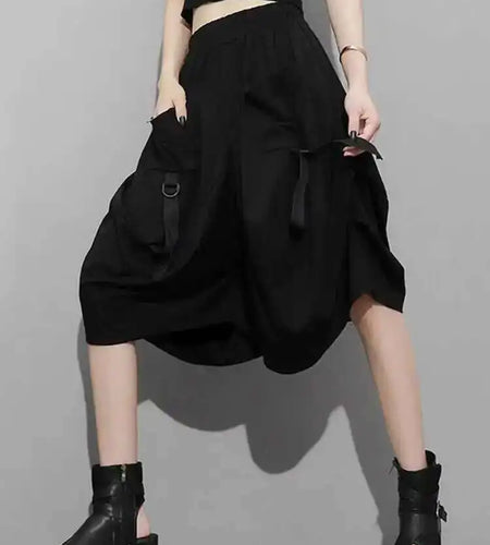 High Elastic Waist Black Pockets Bandage Wide Leg Pants New Loose Fit Trousers Women Fashion Spring Summer 2025 1DF4794