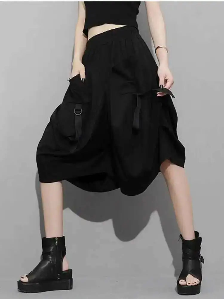 High Elastic Waist Black Pockets Bandage Wide Leg Pants New Loose Fit Trousers Women Fashion Spring Summer 2025 1DF4794