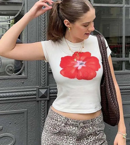 Y2K Summer Sexy Sweet And Spicy Style Crop Top Red Flower Print Short O Neck Skinny T Shirt Casaul Wear For Women