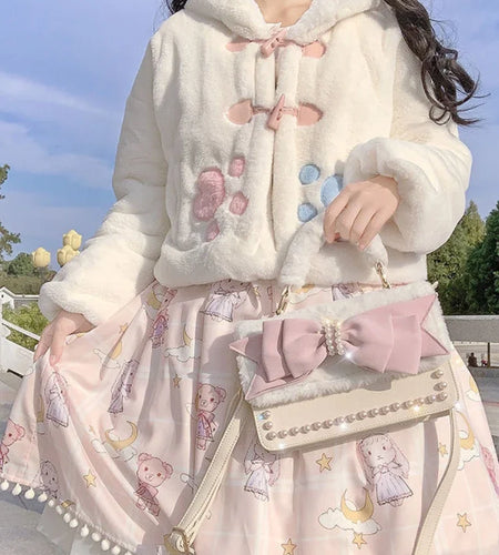 Lolita Fluffy Women Hooded Crop Coat 2025 Y2k Aesthetic Grunge Horn Toggle Button Jacket Rabbit Ear Harajuku Jackets Cute Tops