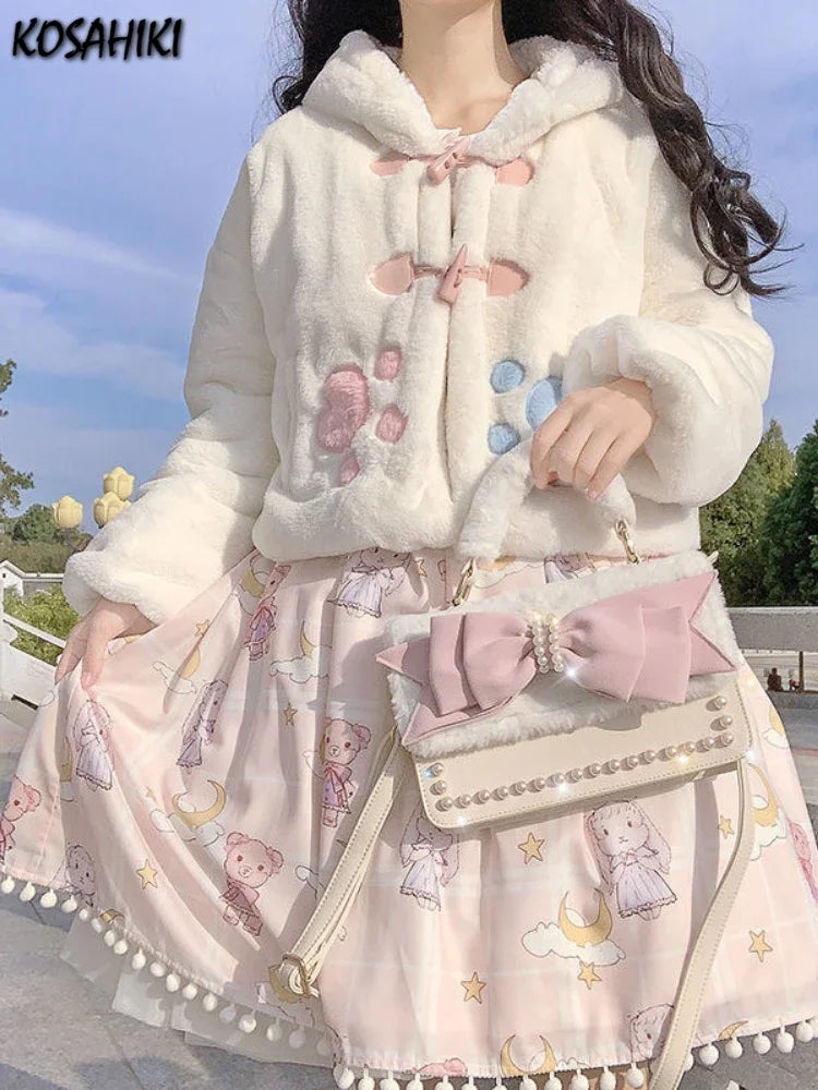 Lolita Fluffy Women Hooded Crop Coat 2025 Y2k Aesthetic Grunge Horn Toggle Button Jacket Rabbit Ear Harajuku Jackets Cute Tops
