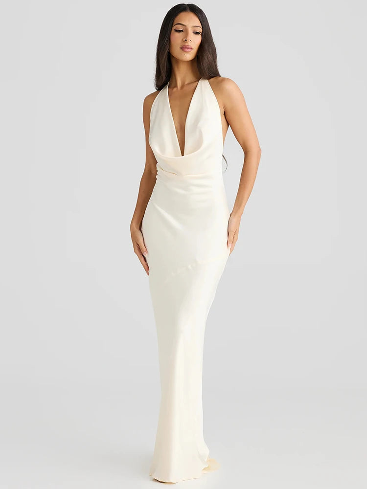 Satin Halter Backless Sexy Maxi Dress Women Gown Elegant Solid Sleeveless Lace-up High Waist Evening Club Long Dress