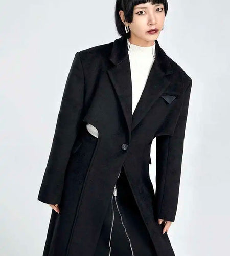Black Hollow Out Long Elegant Big Size Woolen Coat Parkas New Long Sleeve Women Fashion Tide Autumn Winter 2025 1DF335701