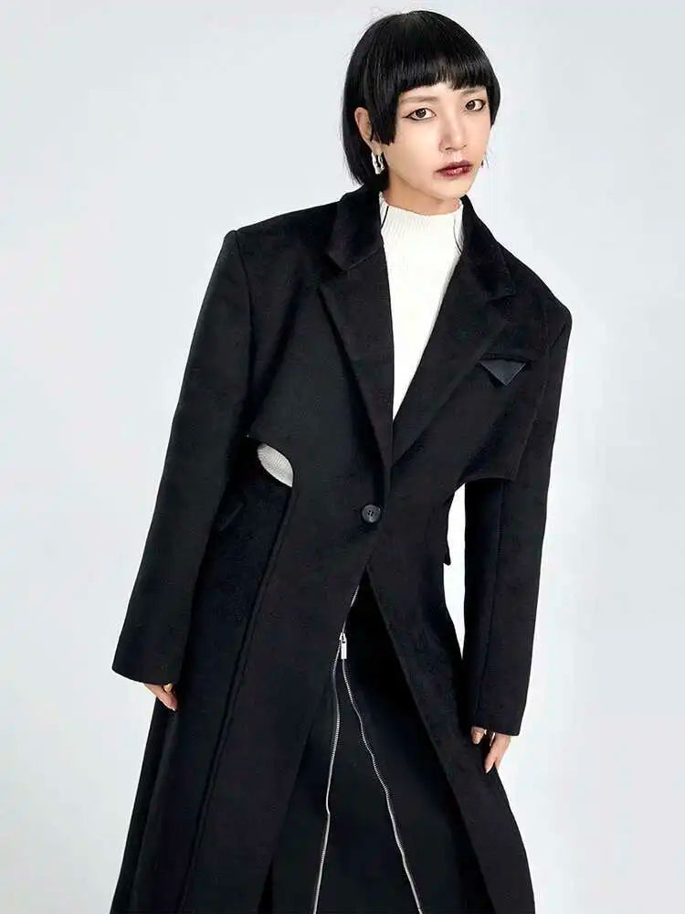 Black Hollow Out Long Elegant Big Size Woolen Coat Parkas New Long Sleeve Women Fashion Tide Autumn Winter 2025 1DF335701