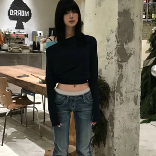 Load image into Gallery viewer, 2025 Women Knitted Patchwork Skew Collar T-shirts Y2k Aesthetic Batwing Sleeve Sexy Tops Streetwear Vintage Grunge Cropped Tees
