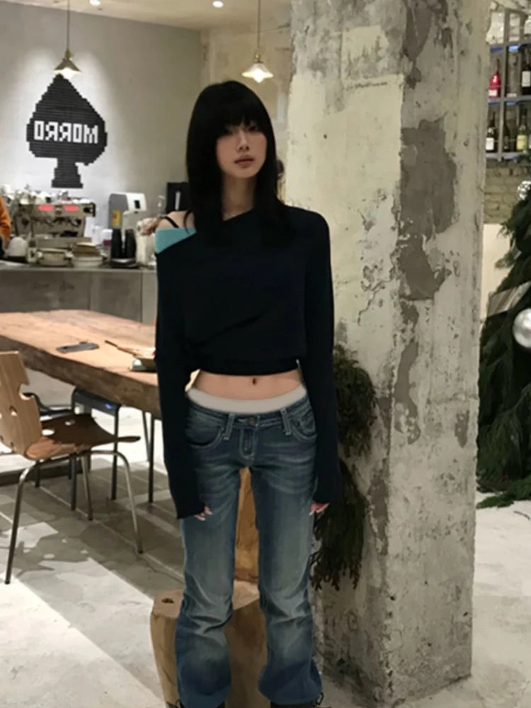 2025 Women Knitted Patchwork Skew Collar T-shirts Y2k Aesthetic Batwing Sleeve Sexy Tops Streetwear Vintage Grunge Cropped Tees