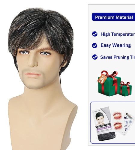 Brown Mens Wig Short Hairstyles Synthetic Wig for Man Guy Toupees Mix Silver Grey 10 Male Haircuts Costume Party Wig