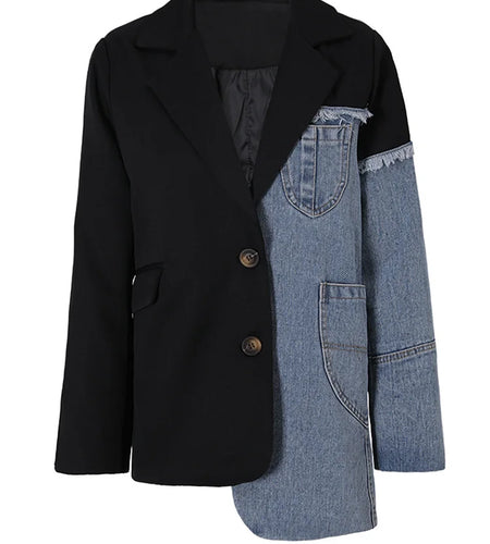 Women Blue Denim Irregular Casual Blazer New Lapel Long Sleeve Loose Fit Jacket Fashion Tide Spring Autumn 2025 1DH533905