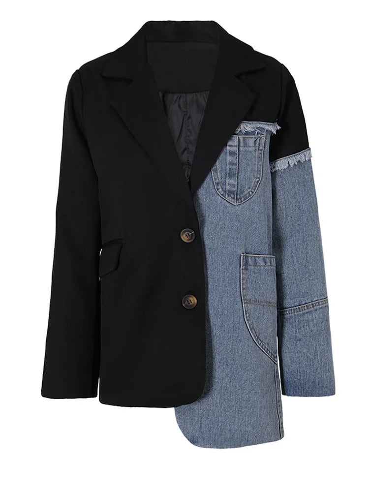 Women Blue Denim Irregular Casual Blazer New Lapel Long Sleeve Loose Fit Jacket Fashion Tide Spring Autumn 2025 1DH533905