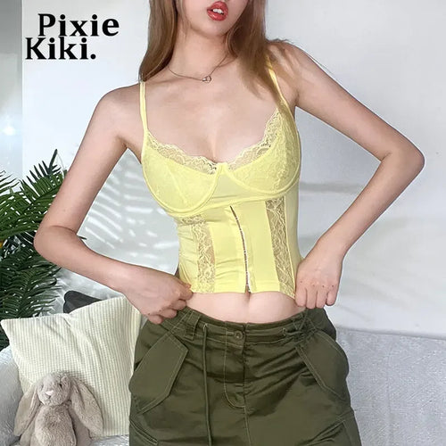 Load image into Gallery viewer, Lace Trim Deep V Neck Backless Crop Tops Y2k Clothes Women Summer Cute Sexy Tanks &amp; Camis Yellow Black P71-BF10
