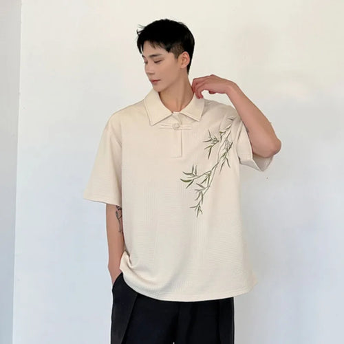 Load image into Gallery viewer, Men&#39;s T-shirt Summer New Chinese Style Bamboo Embroidery Button Short Sleeve Lapel Trendy Loose Pullover Top 9C5776
