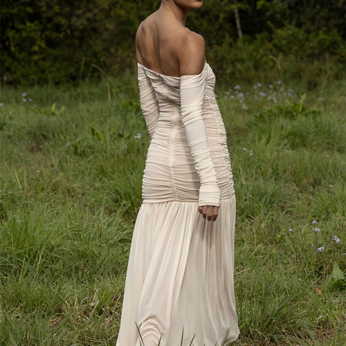 Load image into Gallery viewer, Off-shoulder Strapless Sexy Maxi Dress Women Summer New Patchwork Backless Long Sleeve Pleated Long Dress Elegant
