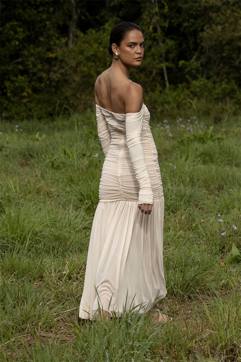 Off-shoulder Strapless Sexy Maxi Dress Women Summer New Patchwork Backless Long Sleeve Pleated Long Dress Elegant