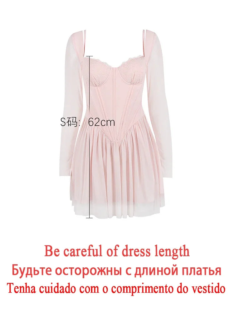 Autumn Mesh Long Sleeve Dress Pink A Line Bodycon Birthday Party Dress Mini Holiday Vacation Dress Women 2023