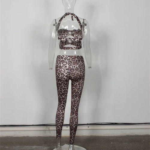 Load image into Gallery viewer, Leopard Print 2-Piece Set Women Hollow Halter Low-Neck Backless Mini Tops+Skinny Elasticity Pants Sexy Matching Suits
