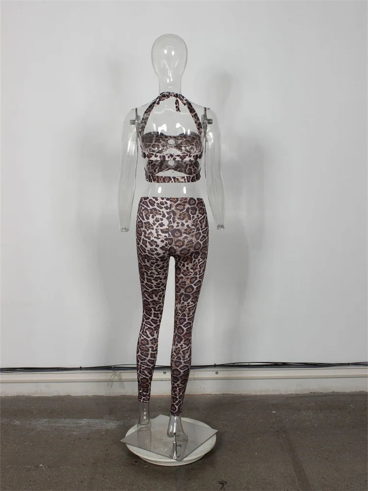 Leopard Print 2-Piece Set Women Hollow Halter Low-Neck Backless Mini Tops+Skinny Elasticity Pants Sexy Matching Suits
