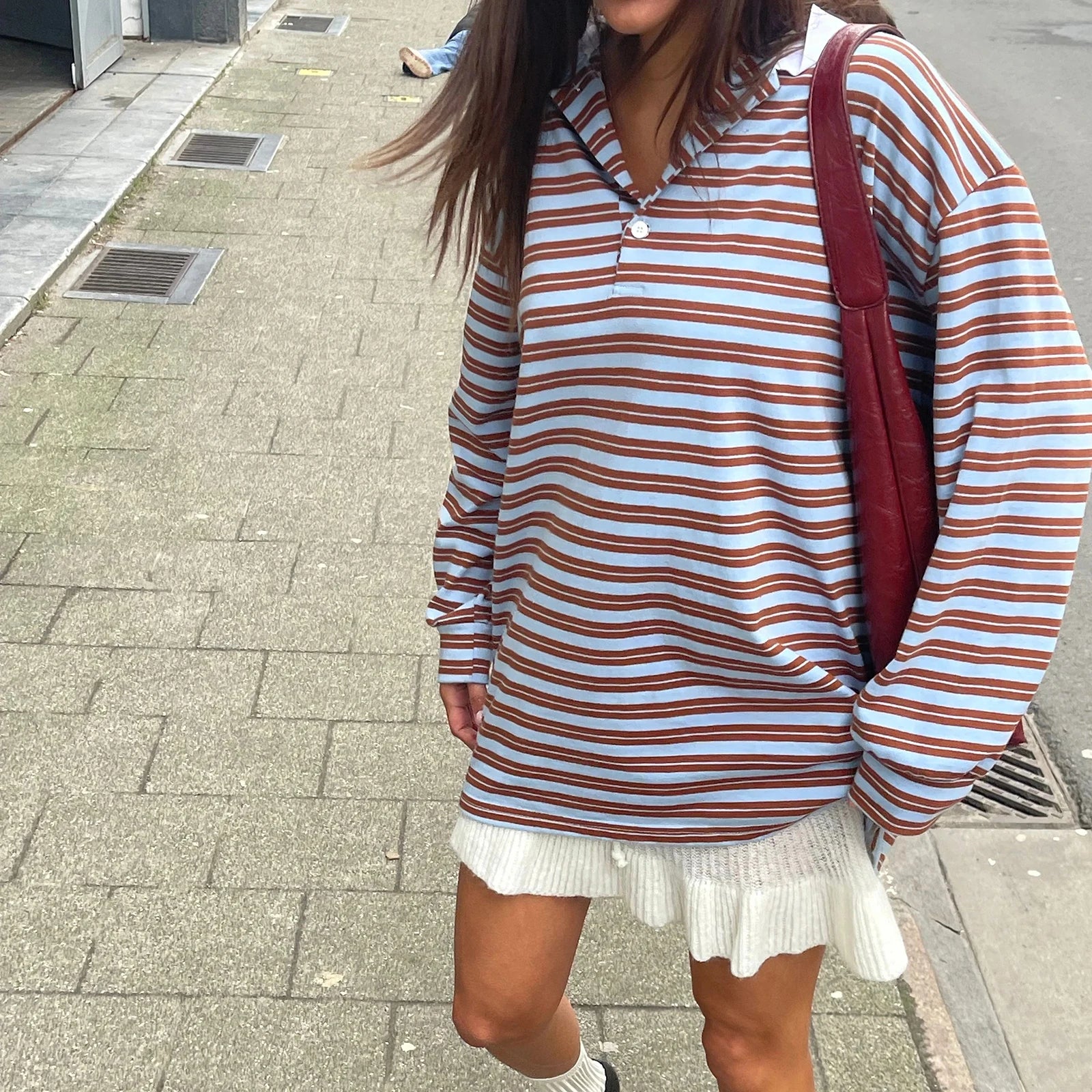 y2k Clothes Tops Women Fashion Striped Turn-down Collar Buttons Long Sleeve Loose T-shirts 2000s Clothing Streetwear