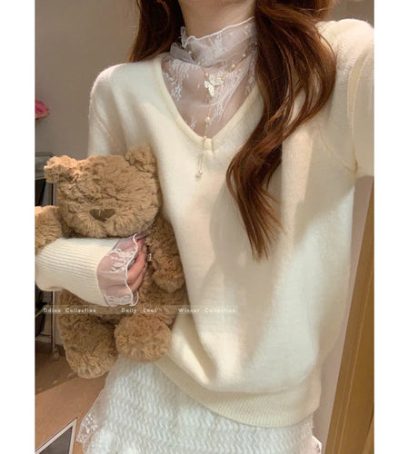 Autumn Winter New Solid Patchwork Lace Long Sleeved Knit Sweater Vintage Elegant Festival Half High Neck Pullover Slim Top Women