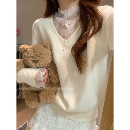 Load image into Gallery viewer, Autumn Winter New Solid Patchwork Lace Long Sleeved Knit Sweater Vintage Elegant Festival Half High Neck Pullover Slim Top Women
