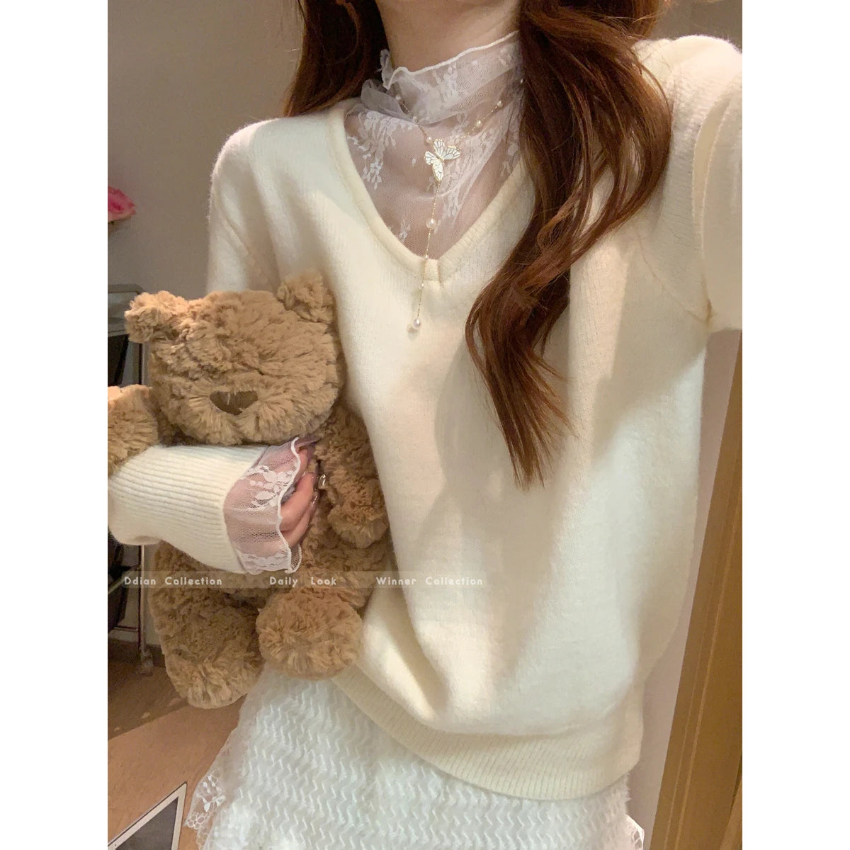 Autumn Winter New Solid Patchwork Lace Long Sleeved Knit Sweater Vintage Elegant Festival Half High Neck Pullover Slim Top Women