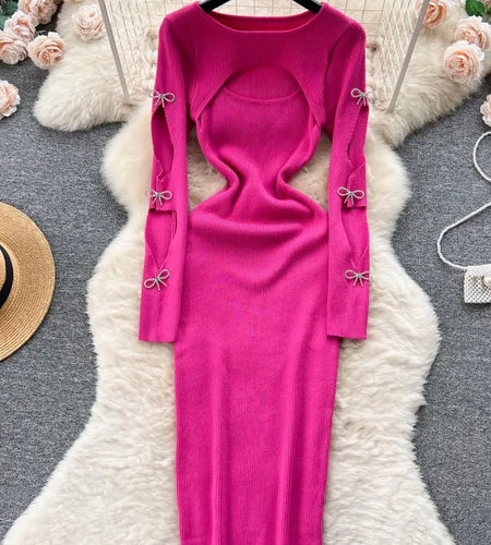 Women Retro Chic Elegant Bow Hollow Long Sleeve Bodycon Dress Sexy Fashion Knit Slim Hip Wrap Sweater Dress Vestidos Autumn New