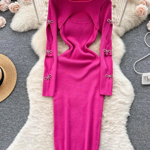 Load image into Gallery viewer, Women Retro Chic Elegant Bow Hollow Long Sleeve Bodycon Dress Sexy Fashion Knit Slim Hip Wrap Sweater Dress Vestidos Autumn New
