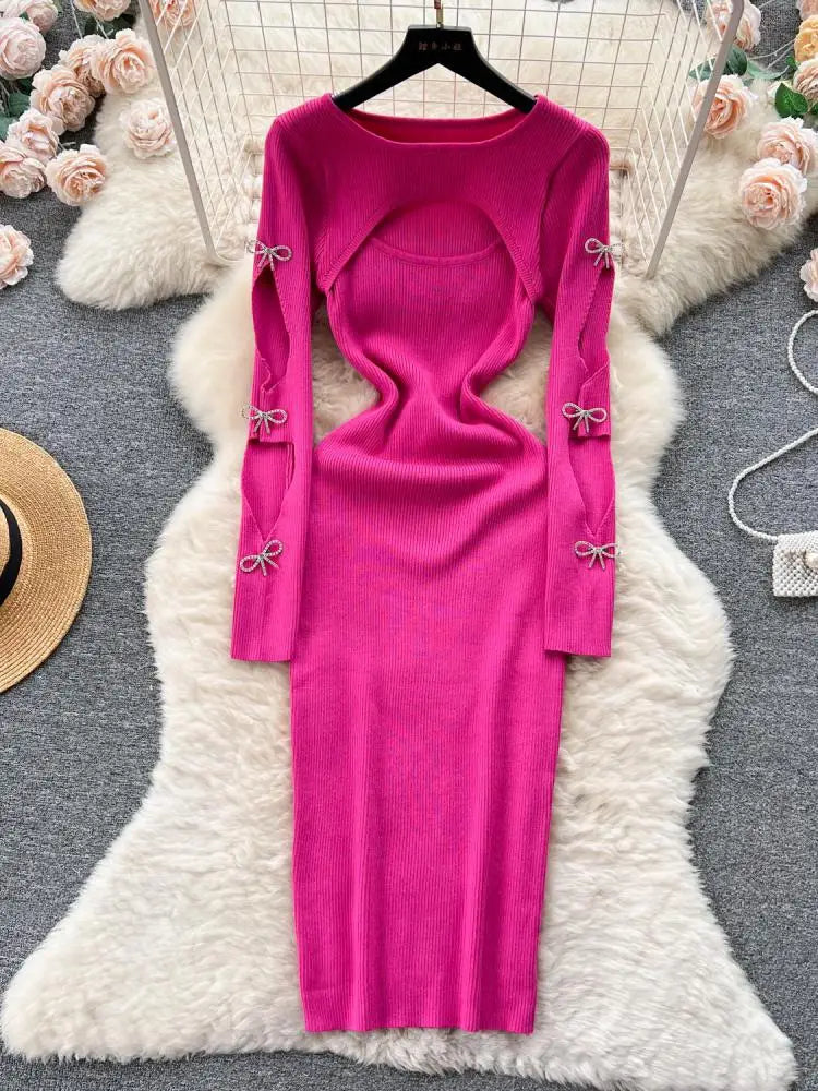 Women Retro Chic Elegant Bow Hollow Long Sleeve Bodycon Dress Sexy Fashion Knit Slim Hip Wrap Sweater Dress Vestidos Autumn New
