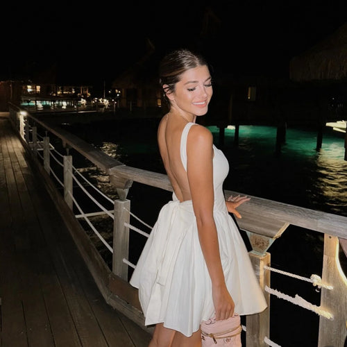 Load image into Gallery viewer, Summer Sexy Square Collar Backless Party Dresses Mini White Drape A Line Night Date Dress Big Bow Women New In Dress
