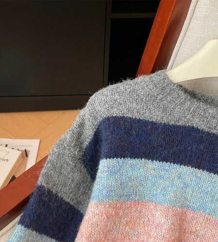 Korean Vintage Women's Rainbow Striped Round Neck Short Sweater Autumn Winter 2024 New Elegant Long Sleeved Knitted Pullover Top