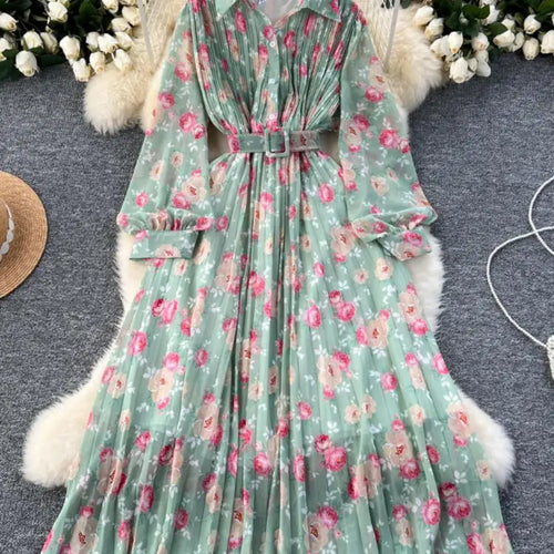 Load image into Gallery viewer, French Retro Romantic Women's Flower Lantern Long Sleeved Pleated Shirt Dress Autumn Print Birthday Party Evening Dress Bohemian
