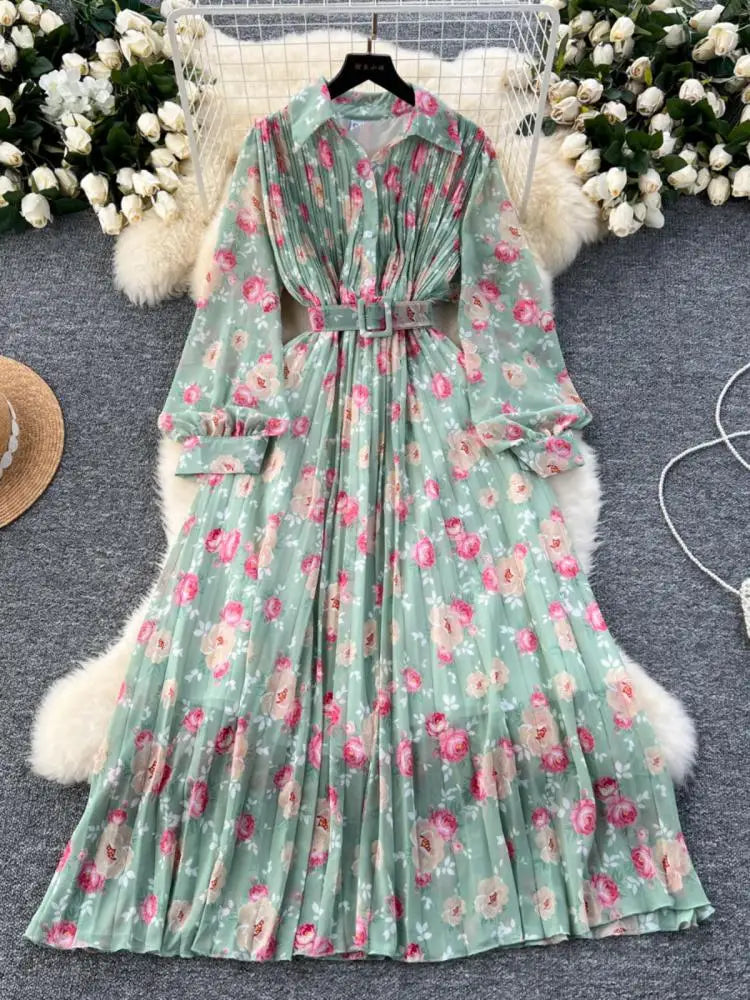 French Retro Romantic Women's Flower Lantern Long Sleeved Pleated Shirt Dress Autumn Print Birthday Party Evening Dress Bohemian