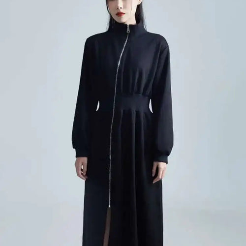 Load image into Gallery viewer, Women Black Zipper Slit Big Size Midi Dress New Half High Collar Long Sleeve Loose Fit Fashion Spring Autumn 2025 1DH2442
