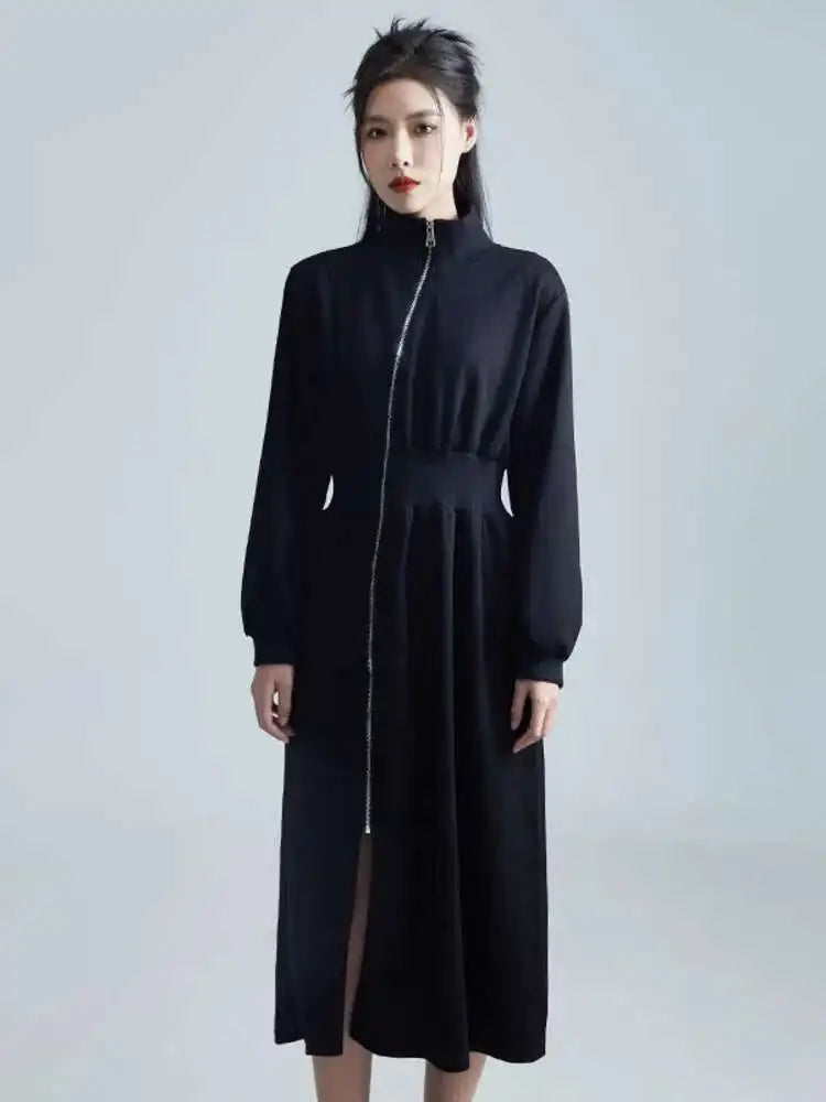 Women Black Zipper Slit Big Size Midi Dress New Half High Collar Long Sleeve Loose Fit Fashion Spring Autumn 2025 1DH2442