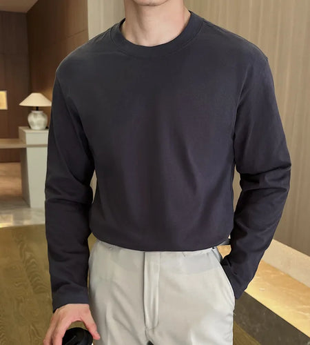 Men's Long Sleeve T-shirts Solid Color Design Korean Round Neck Fashion Loose Top Pullover Male Clothing Spring 9W1569