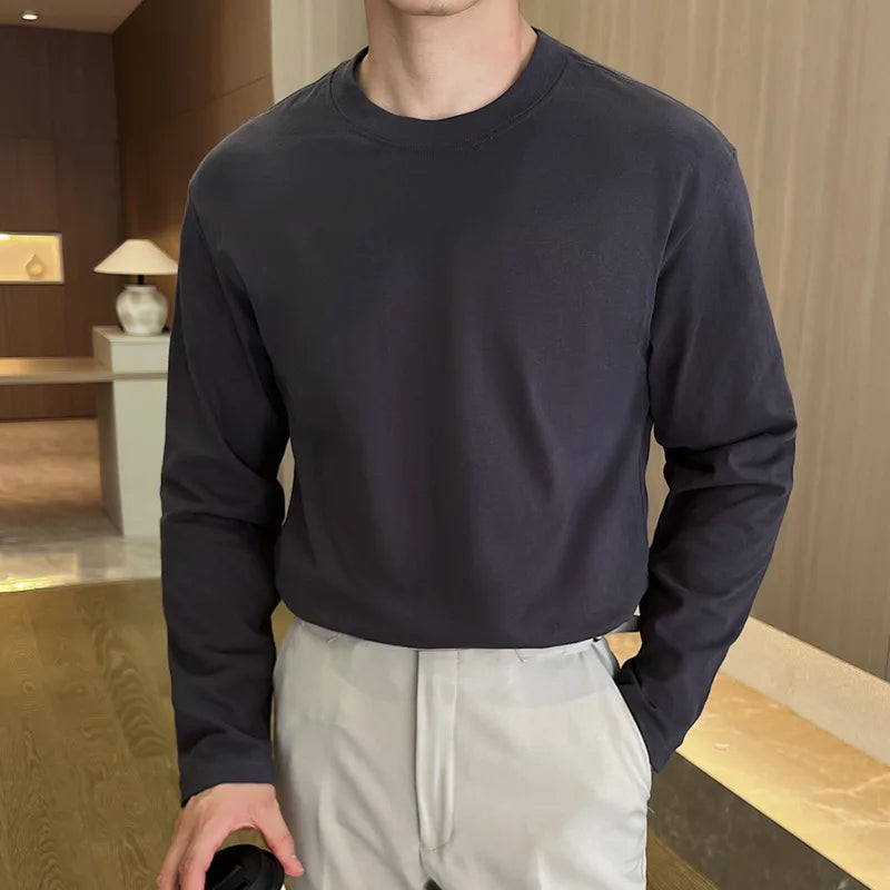 Men's Long Sleeve T-shirts Solid Color Design Korean Round Neck Fashion Loose Top Pullover Male Clothing Spring 9W1569