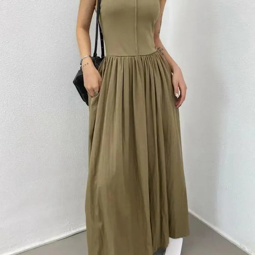 Load image into Gallery viewer, Summer Women White Casual High Waist Pleated Long Dress Lady Black Green Round Neck Sleeveless Sexy Slim Vest Dress Vestidos New
