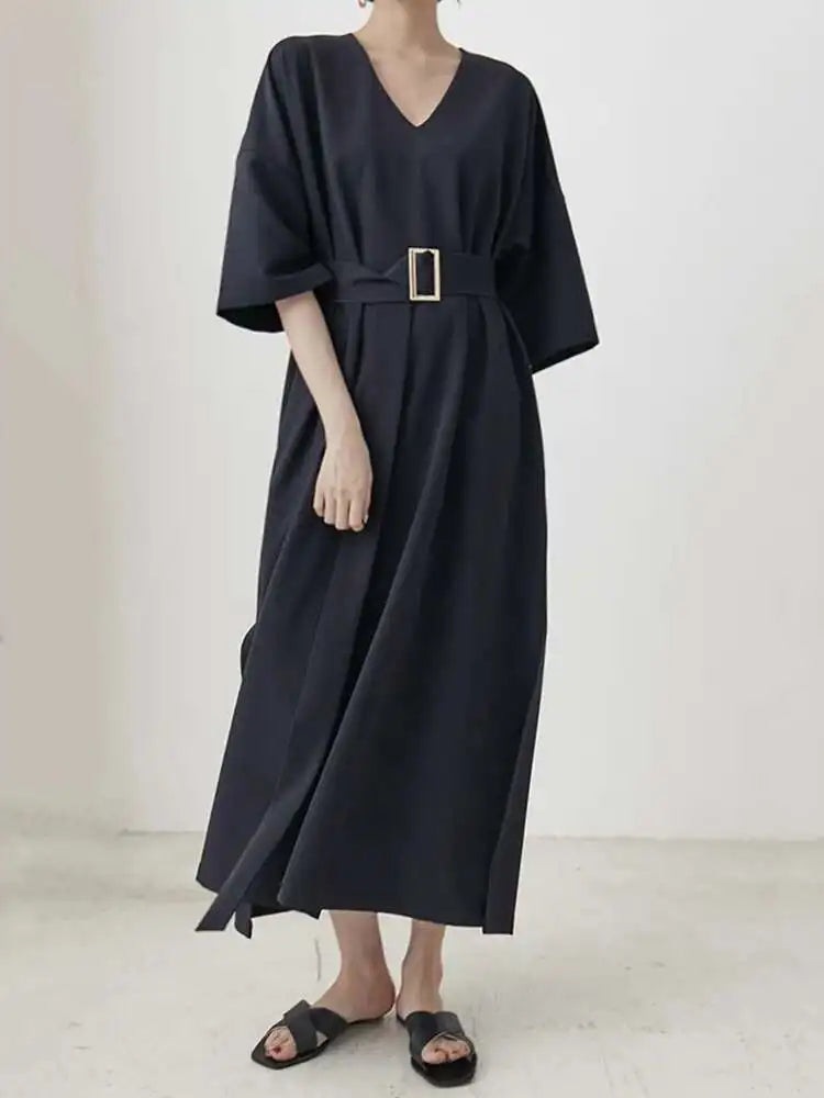 Women Black Brief Belted Elegant Big Size Dress New V-Neck Three-quarter Sleeve Fashion Tide Spring Autumn 2025 1DH6206
