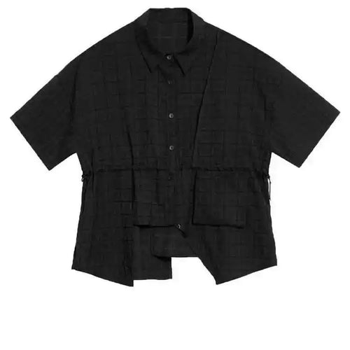 Load image into Gallery viewer, Women Black Plaid Drawstring Big Size Blouse New Lapel Short Sleeve Shirt Fashion Tide Spring Summer  2025 1DH6088
