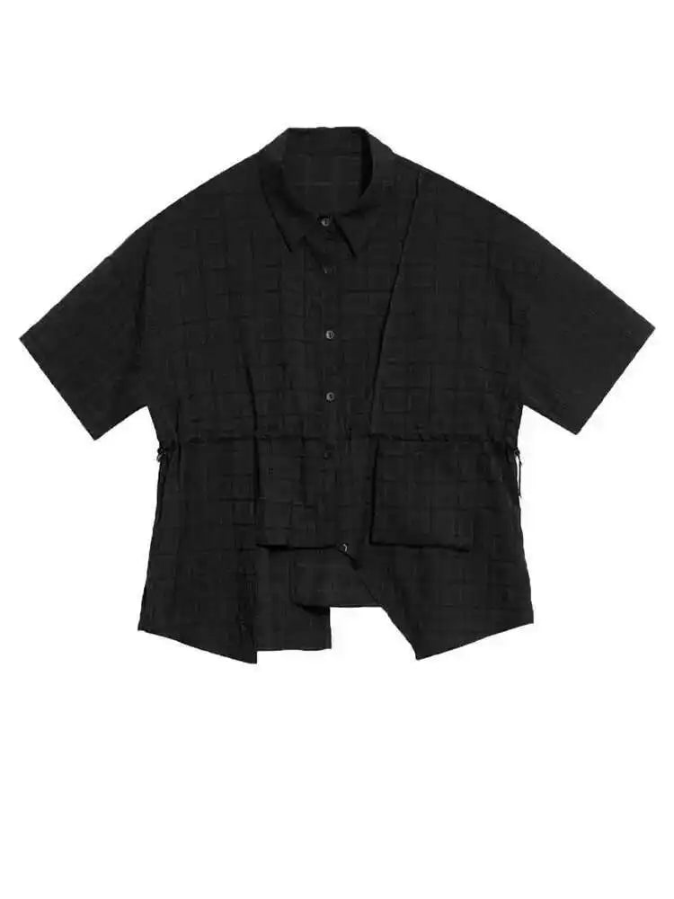 Women Black Plaid Drawstring Big Size Blouse New Lapel Short Sleeve Shirt Fashion Tide Spring Summer  2025 1DH6088
