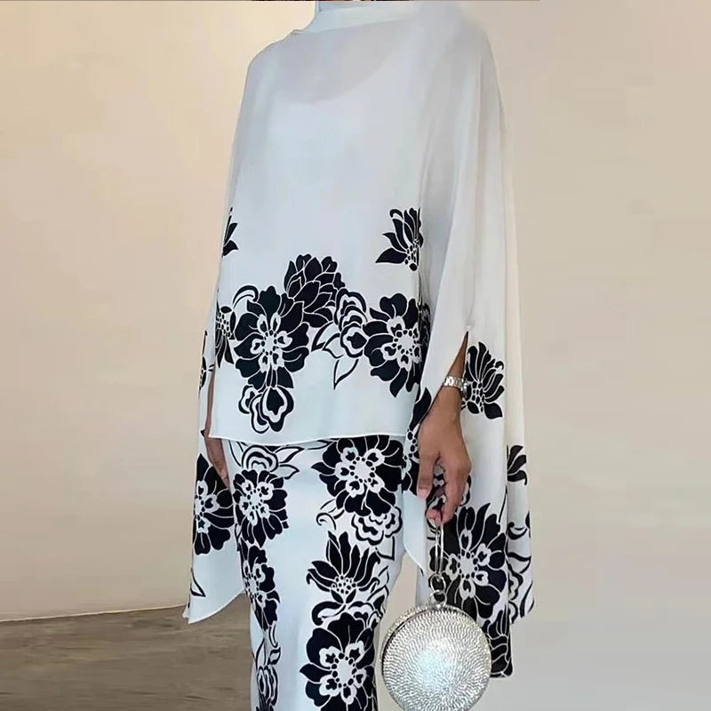 Fashion Muslim Abaya Tops Skirts Loose Two Piece Set  Autumn Spring Flower Print Women’s Muslim Outfits Set 2025 New