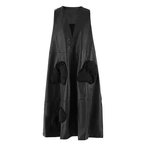 Load image into Gallery viewer, Women Black  Pu Leather Pockets Big Size Long Vest Dress New V-Neck Sleeveless Fashion Tide Spring Autumn 2025 CPG2085
