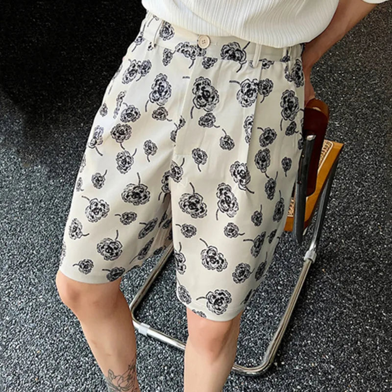 Male Summer Korean Printing Casual Shorts Wide Leg Knee Lenght Flowers Short Pants Men's Trendy Loose Everyday 9A8876