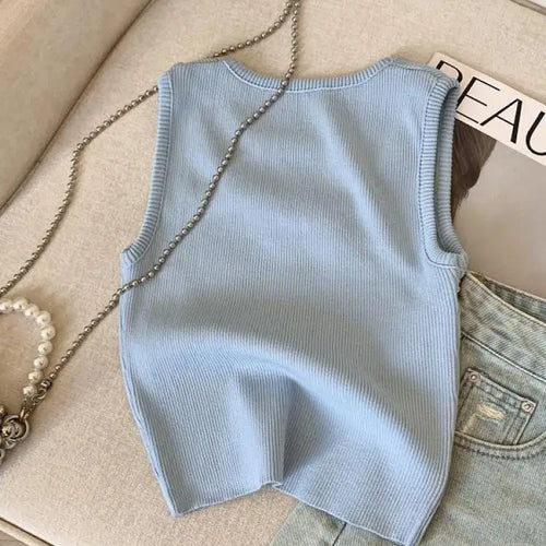 Load image into Gallery viewer, Korean Blue Pink Patchwork Hollow Out Slim Short Knitted Vest Summer Women Round Neck Sleeveless Holiday Pullover Tops 2025 Chic
