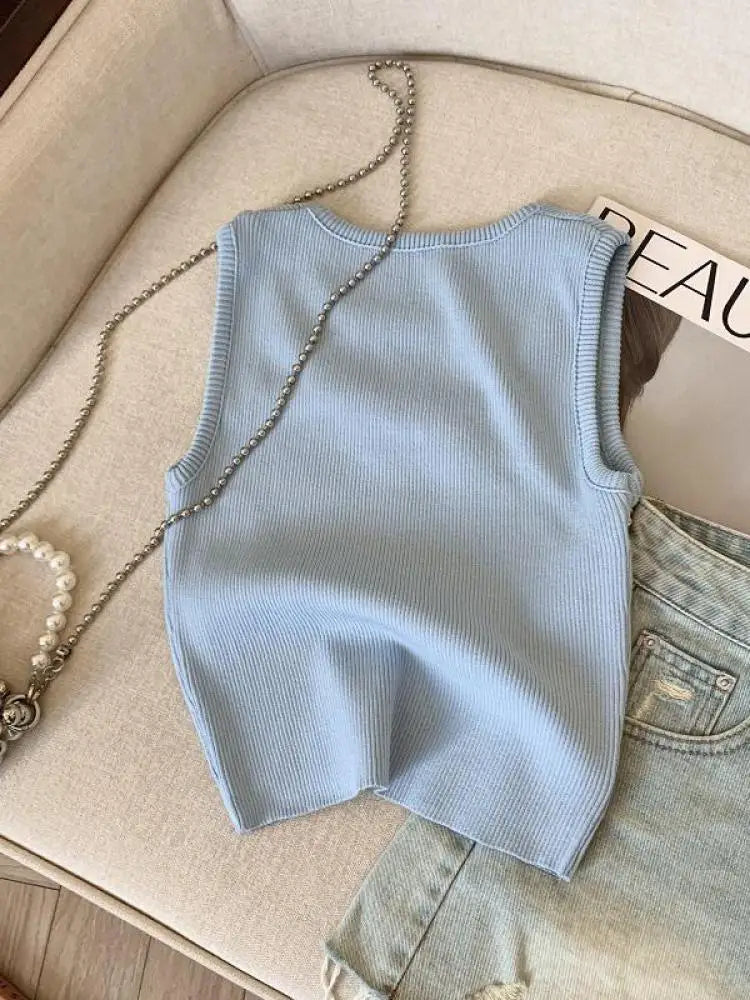 Korean Blue Pink Patchwork Hollow Out Slim Short Knitted Vest Summer Women Round Neck Sleeveless Holiday Pullover Tops 2025 Chic