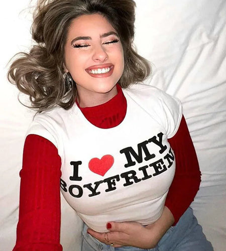 Summer Fashion I LOVE MY BOYFRIEND Girls Cotton Crop Tee Short Sleeve Women's T-Shirt Casual Comfortable Top