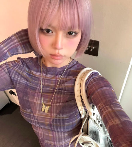 Japanese Y2k Long Mesh Tops 2000s Aesthetics See Through Long Sleeve T-shirt Vintage Harajuku Purple Sheer Tops Korean