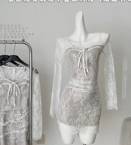 French Vintage Women's White Lace Long Sleeved Elegant Pleated Short Dress Autumn Winter Square Neck Bow Wrap Hip Mini Dress New