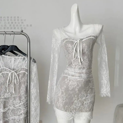 Load image into Gallery viewer, French Vintage Women's White Lace Long Sleeved Elegant Pleated Short Dress Autumn Winter Square Neck Bow Wrap Hip Mini Dress New
